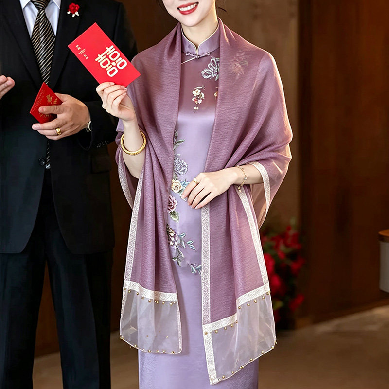 春秋淡紫色披肩搭配旗袍喜妈妈婆婆婚宴礼服外搭纱巾薄款优雅气质