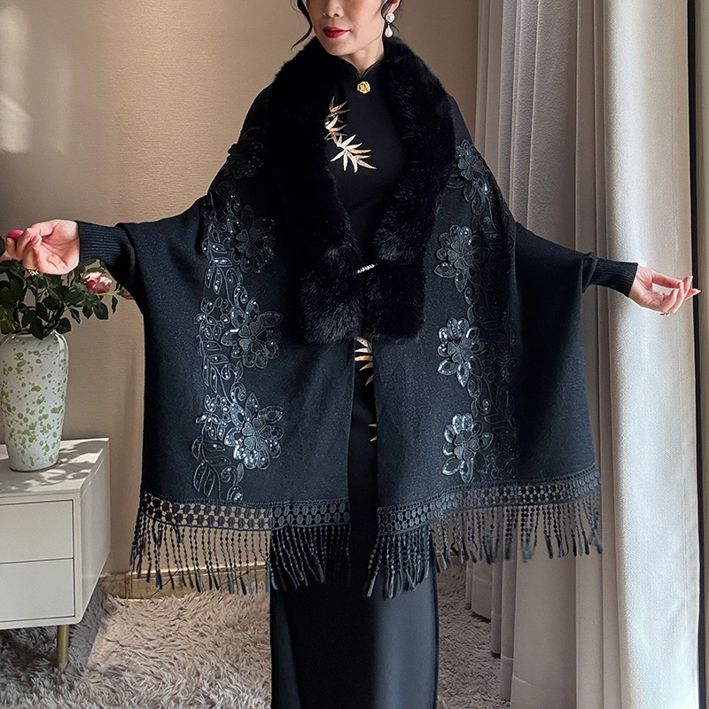 高级感黑色披肩外搭加厚旗袍裙子礼服外套斗篷羊绒带袖冬针织中式