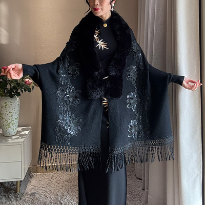 高级感黑色披肩外搭加厚旗袍裙子礼服外套斗篷羊绒带袖冬针织中式