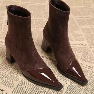 大码尖头高跟鞋41到43显脚小女鞋加绒冬季棉鞋女款黑色短靴不累脚