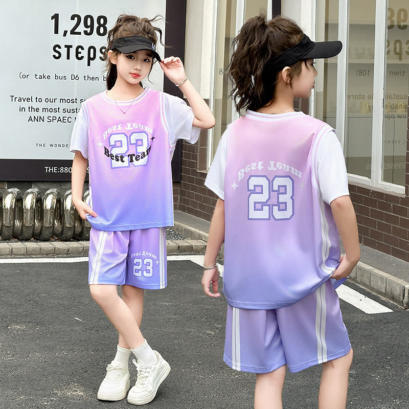 儿童夏季女童篮球服套装23号短袖球衣中大童速干运动服假两件童装