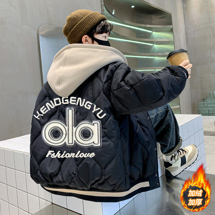 男童秋冬款外套加绒加厚2025新款大童冬装夹棉儿童连帽冬季棒球服