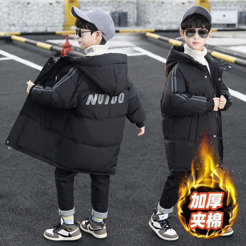 男童冬装棉衣2025新款冬季连帽外套加绒加厚中长款棉服洋气儿童装