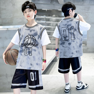 儿童1号篮球服短袖套装男童速干训练服球衣男孩运动假两件球衣夏