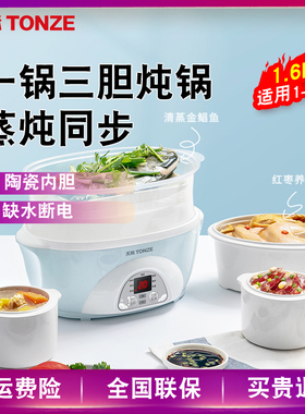 天际 电炖盅隔水炖家用 3胆陶瓷小2人燕窝炖汤煮粥煲汤多功能BB煲