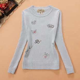贴布刺绣秋衣女 大码 少女学生秋冬纯棉圆领套头毛衣打底衫 线衣修身