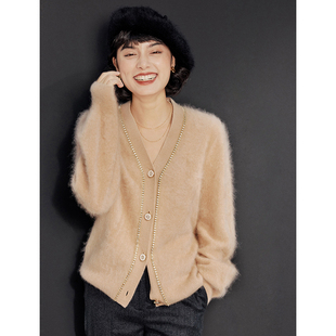 茉莉雅集法式风情浪漫永存V领香*风全羊绒拉绒针织开衫 WZK06002