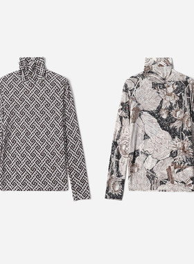 *茉莉雅集 日本料全身印花莱赛尔精纺羊毛高弹T恤打底女WTX07068