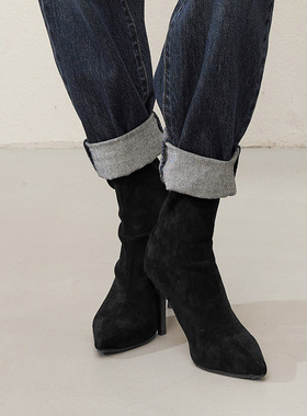 茉莉雅集 高跟慢摇通勤弹力绒真皮内里尖头细跟猫跟短靴 EX05013