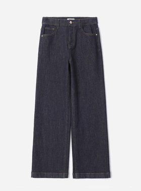 茉莉雅集 大M飒爽利落棉牛仔斯文深靛蓝色阔腿直筒裤女WKZ08193