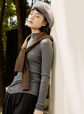 茉莉雅集KVSS精纺3/68支全羊绒坑条半高领针织套衫女WZT05378