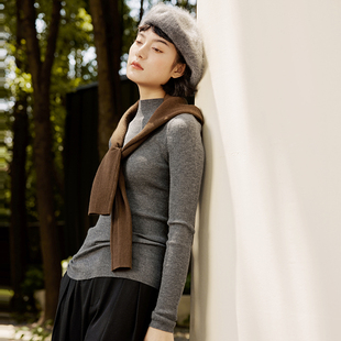 茉莉雅集KVSS精纺3/68支全羊绒坑条半高领针织套衫女WZT05378