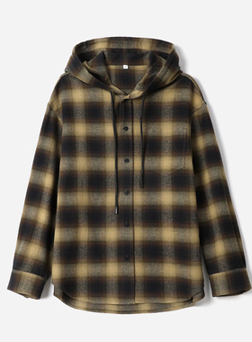 茉莉雅集 复古老钱温暖细腻磨毛全棉格纹连帽衬衫式外套 WCS08178