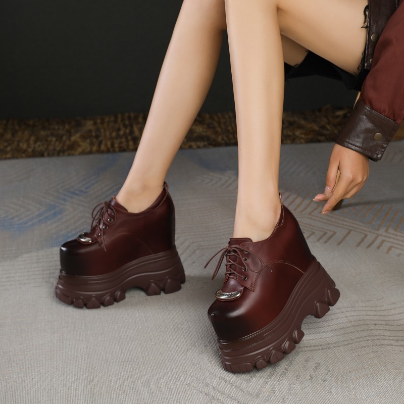 棕色单鞋女超高跟16cm真皮厚底