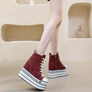 超高跟16cm厚底帆布鞋女2025新款隐形内增高小个子休闲松糕高帮鞋