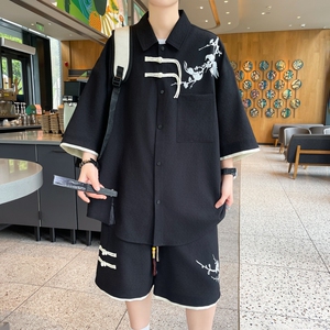TZ24326-特P60港风套装新中式男青少年运动休闲衬衫短裤两件套图片