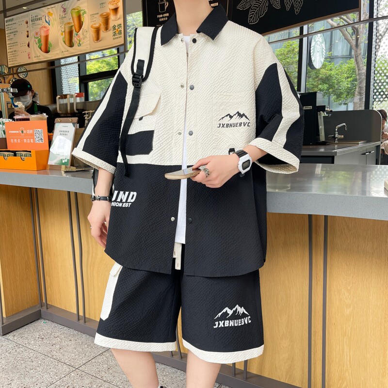 84313-特P55新中式风衬衫一整套装五分袖男士短裤短袖两件套图片