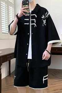 tz24323-特P60新中式风短袖短裤套装男夏季潮牌休闲衬衫男穿搭图片