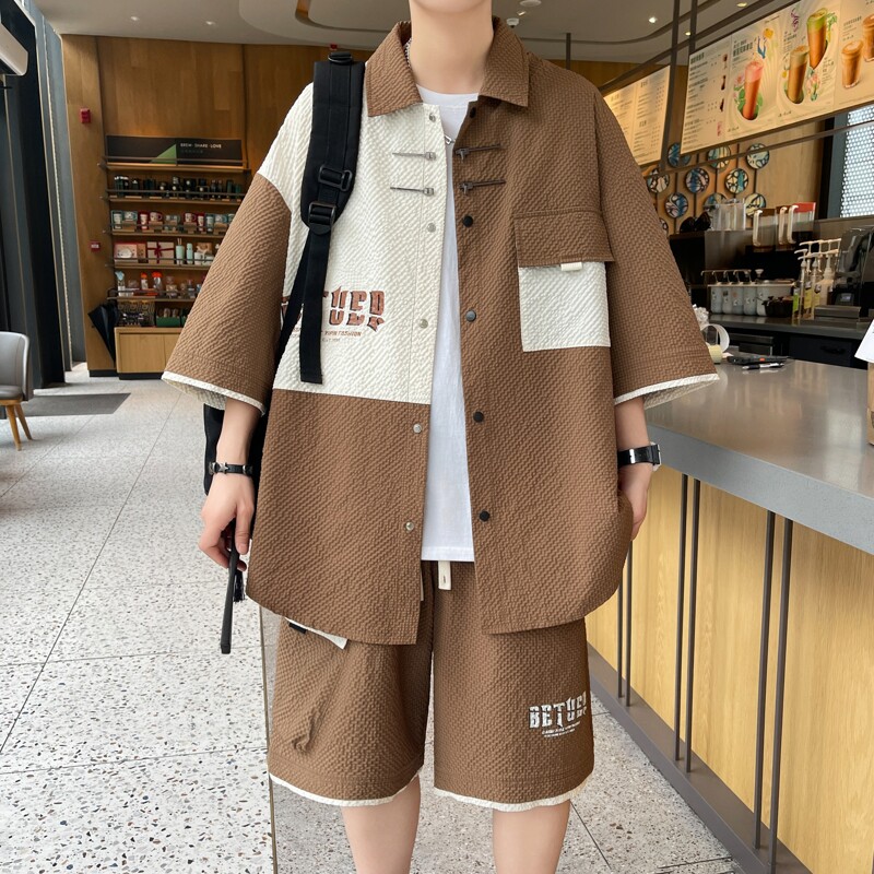 84315-特P55薄款套装男潮流痞帅休闲拼色短袖衬衫短裤两件套男装,男装休闲套装,电商D310B