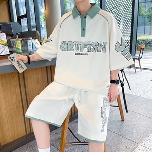 TZ24363-特P55港风宽松翻领短袖短裤两件套夏季潮牌短袖T恤男短裤,大版宽松t恤可以搭配阔腿裤吗图片