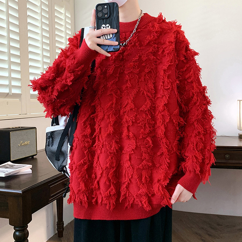 84632-P60破洞流苏粗麻花潮牌毛衣男秋冬款美式高街慵懒宽松,男装针织衫/毛衣,电商D310B