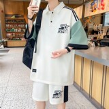 TZ24362-特P55青少年休闲套装港风宽松领拼色T恤短裤，男装T恤，电商D310B