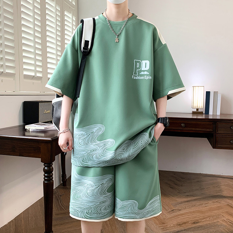 TZ24356-特P50休闲套装男运动夏季短袖两件套港风上衣短裤,男装休闲套装,电商D310B