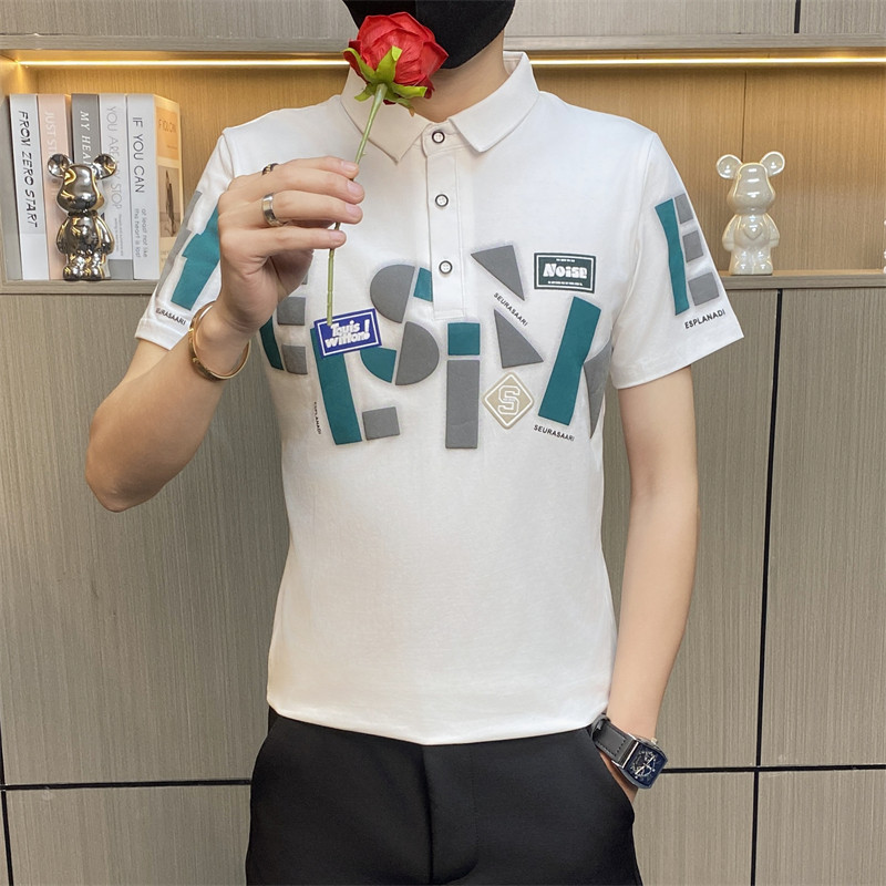 PL016-P35男士短袖t恤夏季新款美式翻领印花polo衫男装带领体恤图片