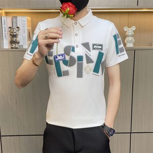 PL016-P35男士短袖t恤夏季新款美式翻领印花polo衫男装带领体恤图片