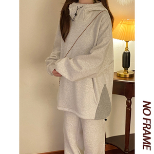 二开TZ9865-特P98纯色立领连帽卫衣套装男女2025新款秋冬宽松大码图片