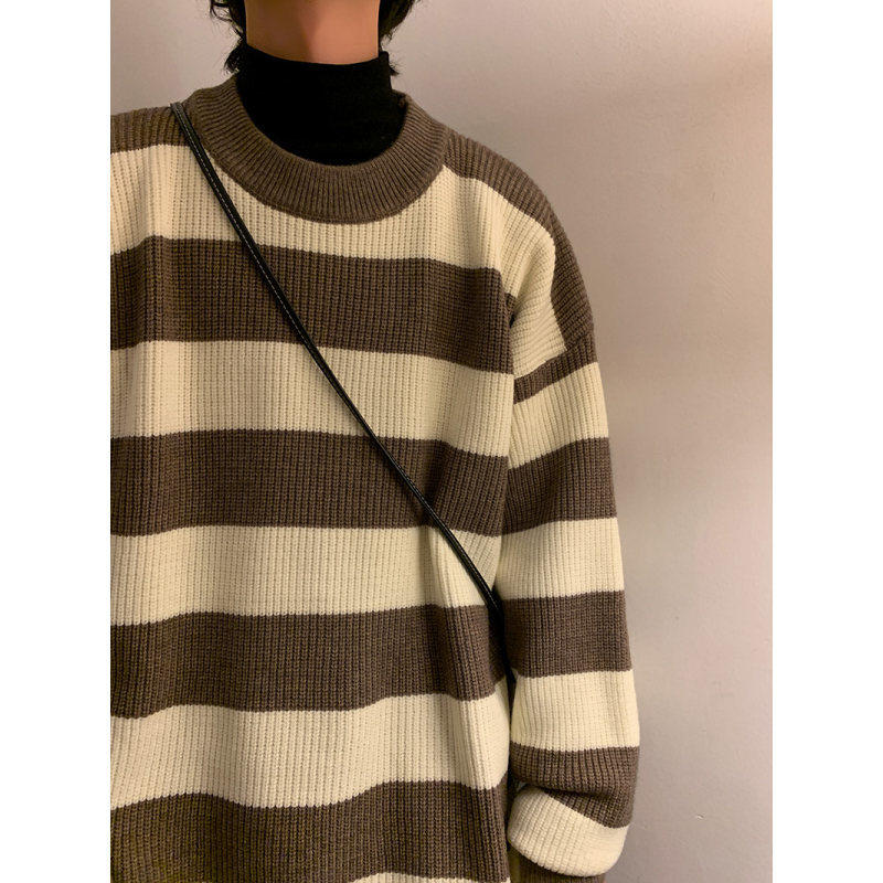 M857-P50日系撞色条纹圆领针织衫男潮牌街头宽松情侣百搭毛衣,男装针织衫/毛衣,电商D310B