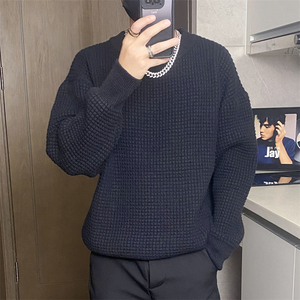 二开M895-特P55重磅华夫格圆领毛衣男女纯色宽松加厚百搭针织衫图片