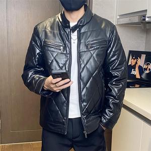 68708-P115菱形格高级感PU皮棉服男保暖防风机车棉衣工装棉袄潮图片