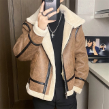 68801-P208美式皮毛一体休闲翻领男士加绒加厚冬季宽松外套，男装皮衣，电商D310B