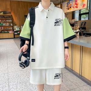 TZ24362-特P55青少年休闲套装港风宽松领拼色T恤短裤,优衣库紧身t恤穿搭示范图片