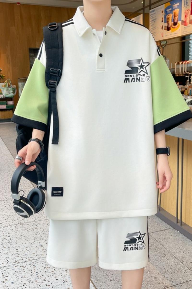 TZ24362-特P55青少年休闲套装港风宽松领拼色T恤短裤,男装T恤,电商D310B