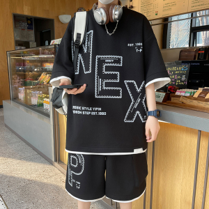 wassup happy短袖短裤套装男款夏季休闲冰丝t恤一套宽松运动短裤图片