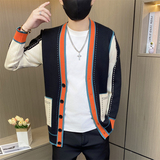 78978-P65社会小伙男士针织开衫春秋款时尚潮流拼色V领毛衣外套，男装针织衫/毛衣，电商D310B
