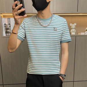 TX158-P35夏季男圆领短袖社会小伙潮流紧身体桖精神修身条纹t恤图片