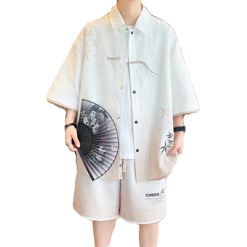 84320-特P60新中式套装男潮牌休闲宽松衬衫短袖短裤一套帅气风,男装休闲套装,电商D310B