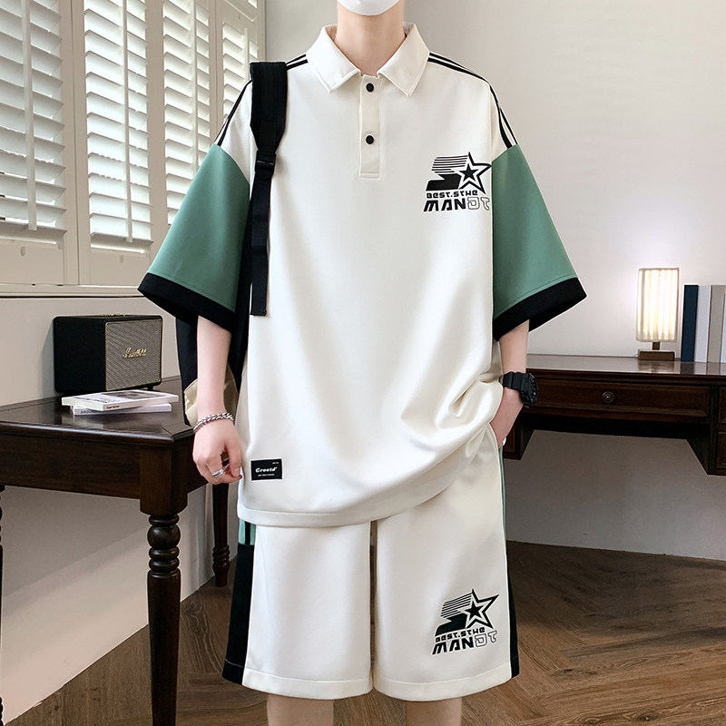 84362-特P55套装男夏季翻领宽松Polo五分裤两件套青少年一套搭配,男装休闲套装,电商D310B