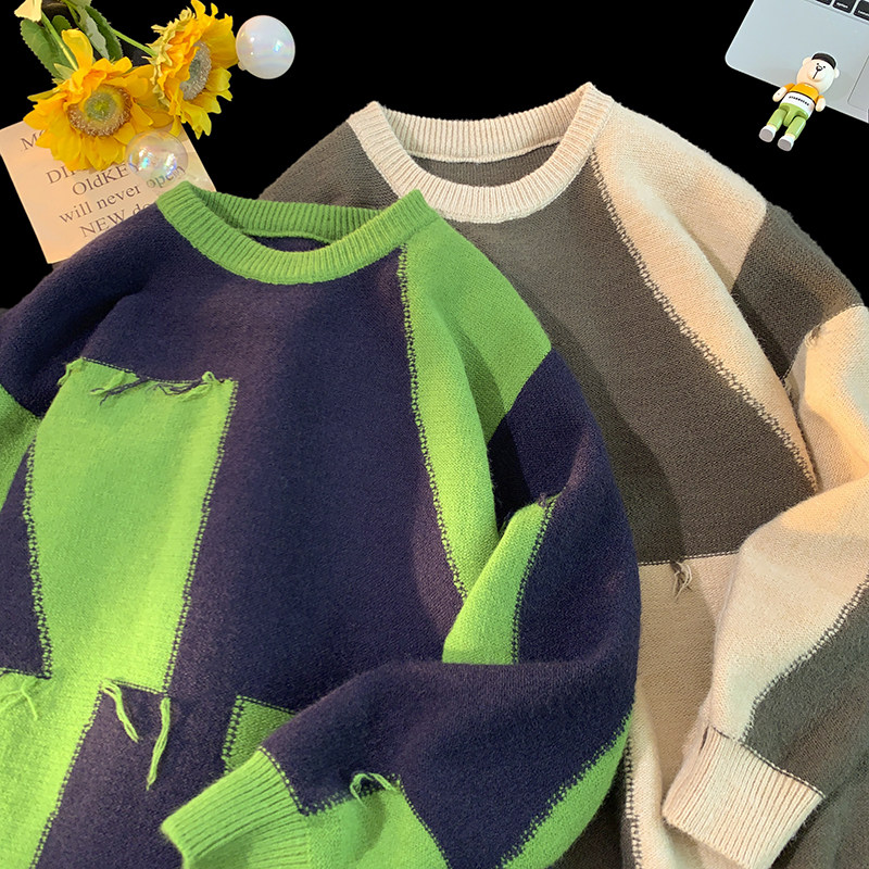 M885-P55秋冬韩系圆领拼色流苏毛衣针织外套男女宽松潮牌青少年，男装针织衫/毛衣，电商D310B