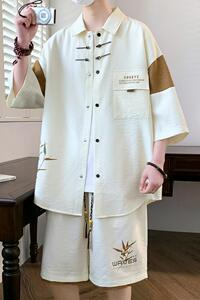 TZ24325-特P60新中式风短袖短裤套装男夏季潮牌休闲衬衫男穿搭,白球衣里面搭配黑衬衫图片