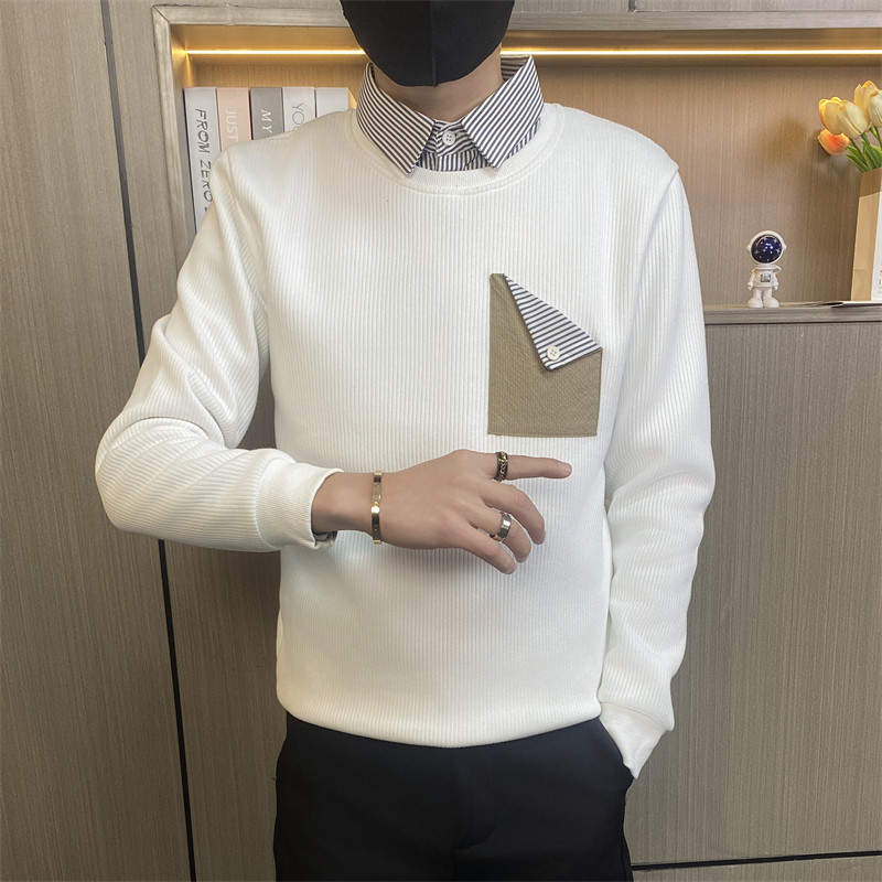 W3163-P75控98社会小伙假两件卫衣男士春季新款潮流衬衫领长袖t恤,男装卫衣,电商D310B