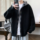 84878-特P88秋冬新款针织开衫毛衣男宽松拼接假两件港风连帽外套，男装针织衫/毛衣，电商D310B