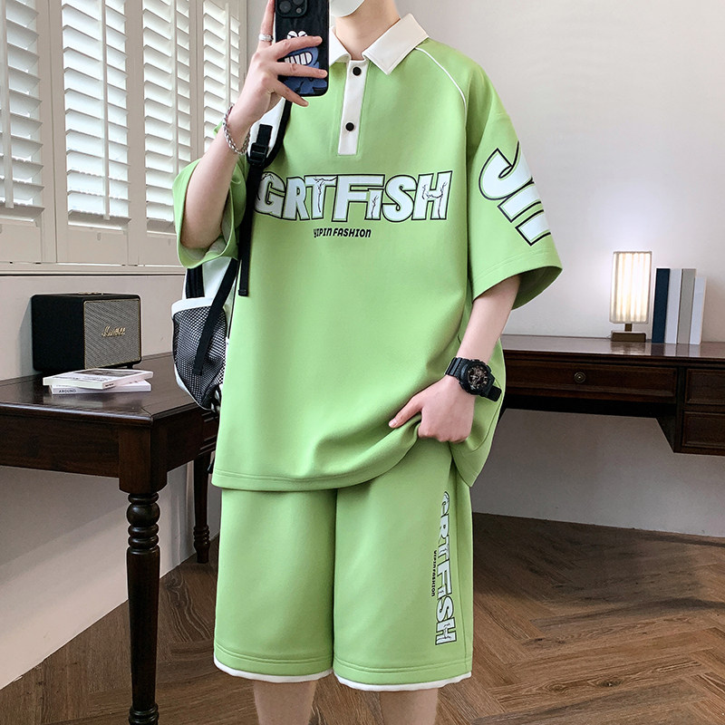 TZ24363-特P55翻领短袖t恤男生青少年港风潮牌宽松衫学生套装图片