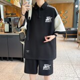 TZ24362-特P55青少年休闲套装港风宽松领拼色T恤短裤，男装T恤，电商D310B