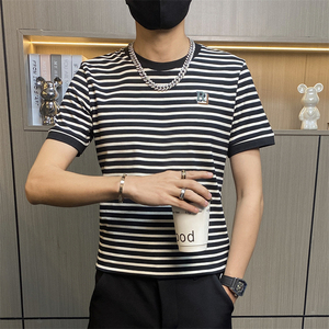 TX158-P35条纹短袖T恤男士韩版修身圆领刺绣半袖百搭青年潮流男装图片
