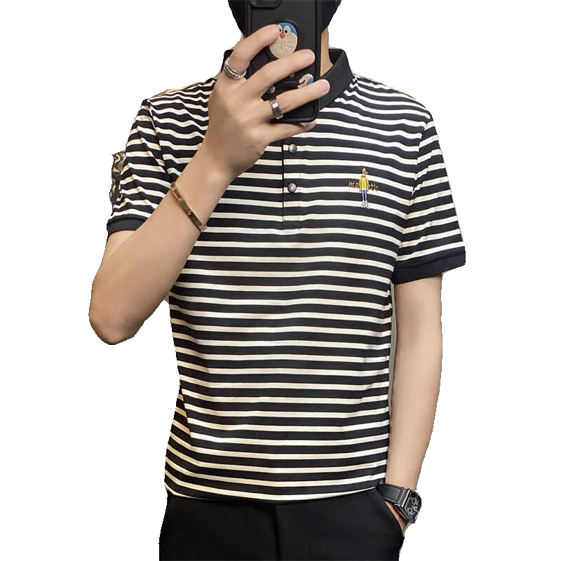PL3080-P40条纹男士衫短袖修身韩版潮刺绣商务翻领休闲体恤,男装Polo衫,电商D310B