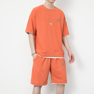 7538-P55假两件华夫格休闲套装男夏季潮牌短袖t恤短裤两件套图片